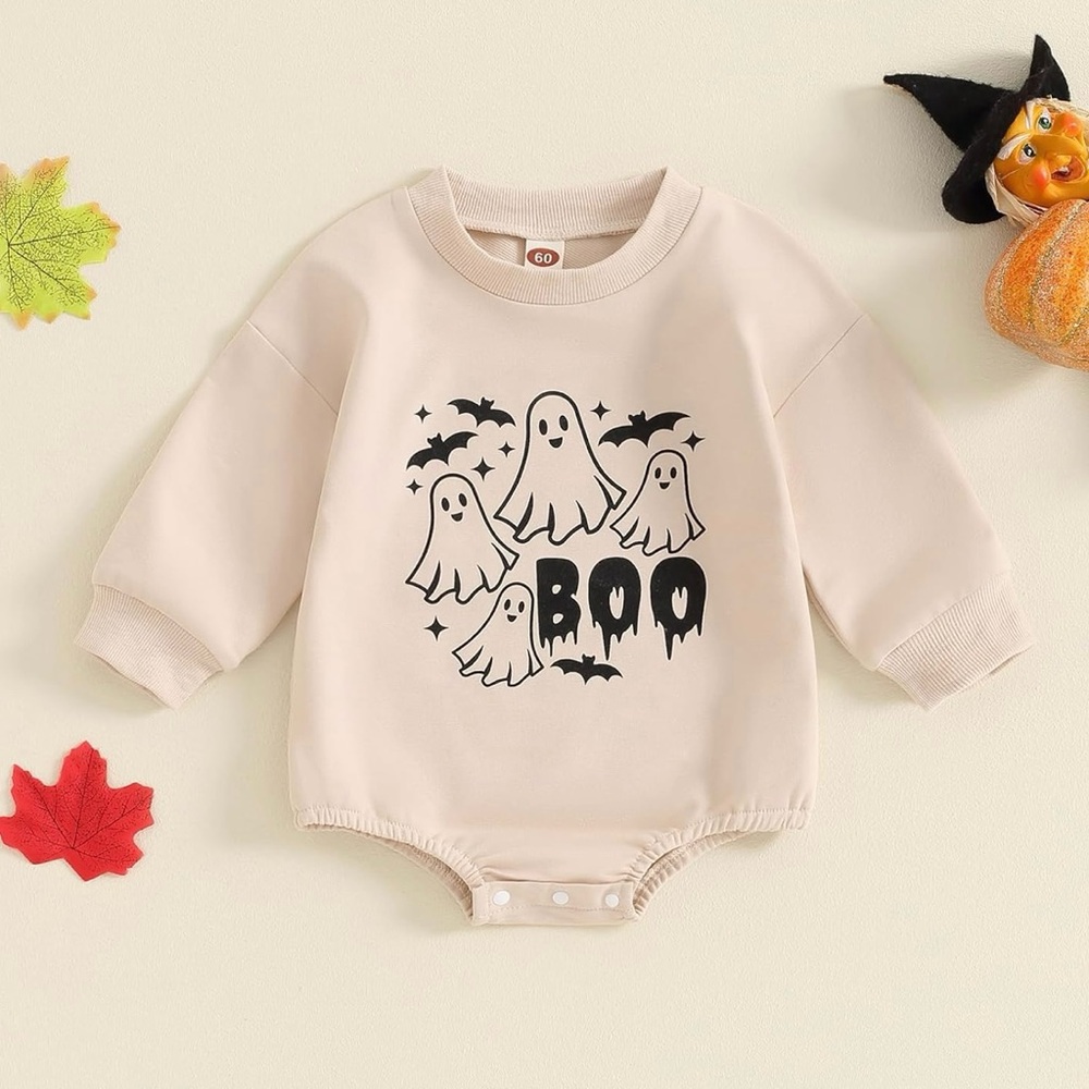 NEW Beige Cream Ghost Boo Halloween Print Newborn Bodysuit Onesie 0-3 Months